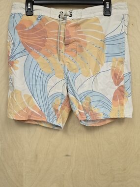 Mens Cream Swim Trunks With Blue And Orange Tropical Details